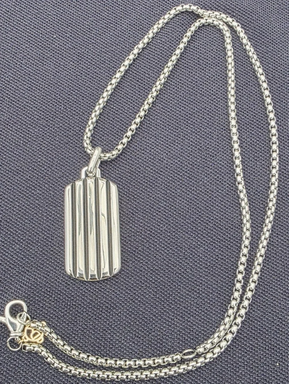 David Yurman Silver Ribbed Dog Tag Pendant Necklace with Gold Accent